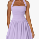 Women's Sexy Halter Corset Mini Dress Bubble Ruched Waist Club Party Dresses with Built-in Shorts Purple, M
