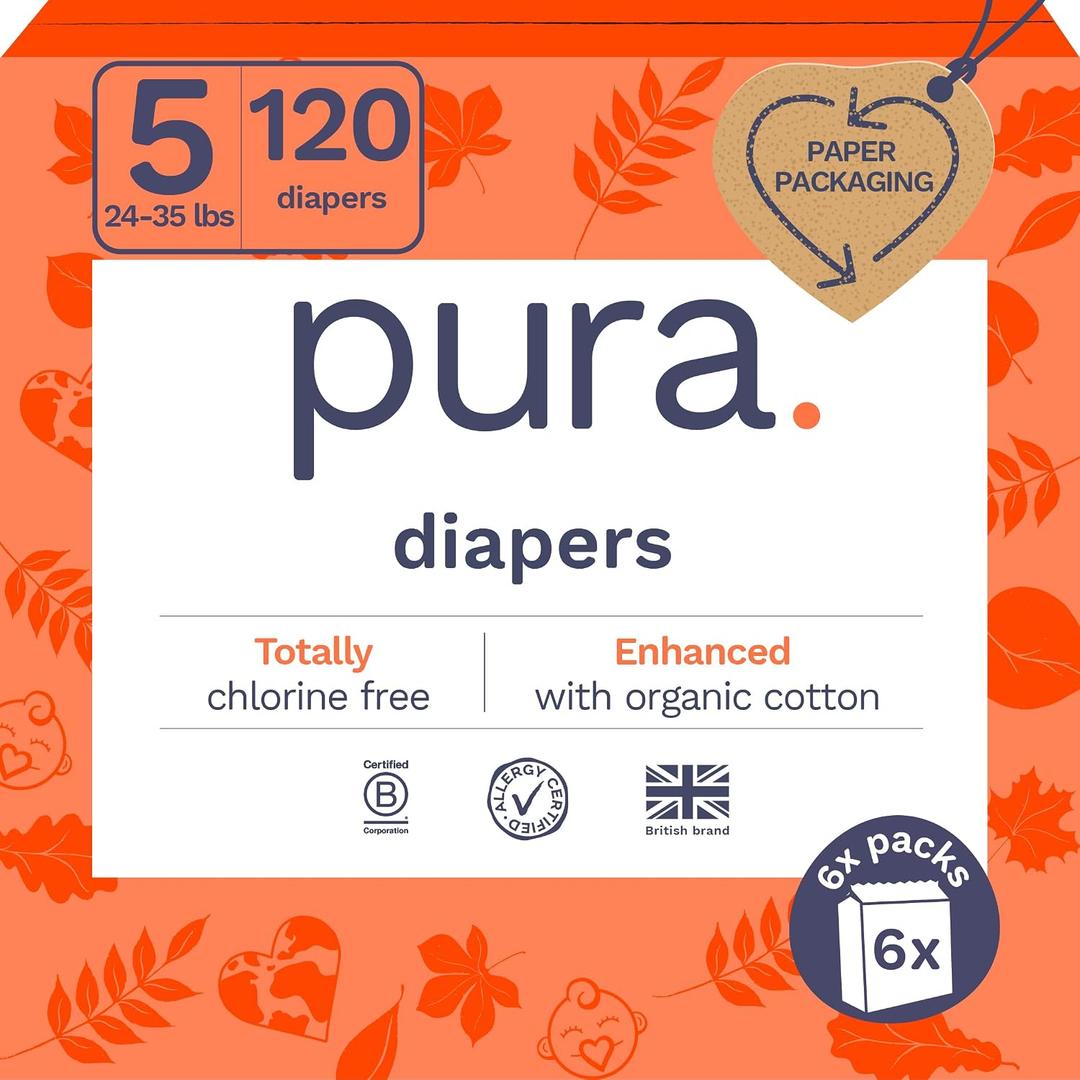 Pura Size 5 Eco-Friendly Diapers (24-35 lbs) Totally Chlorine Free (TCF), Hypoallergenic, Soft Organic Cotton, Sustainable, up to 12 Hours Leak Protection, Allergy UK, 6 Packs of 20 (120 Diapers)