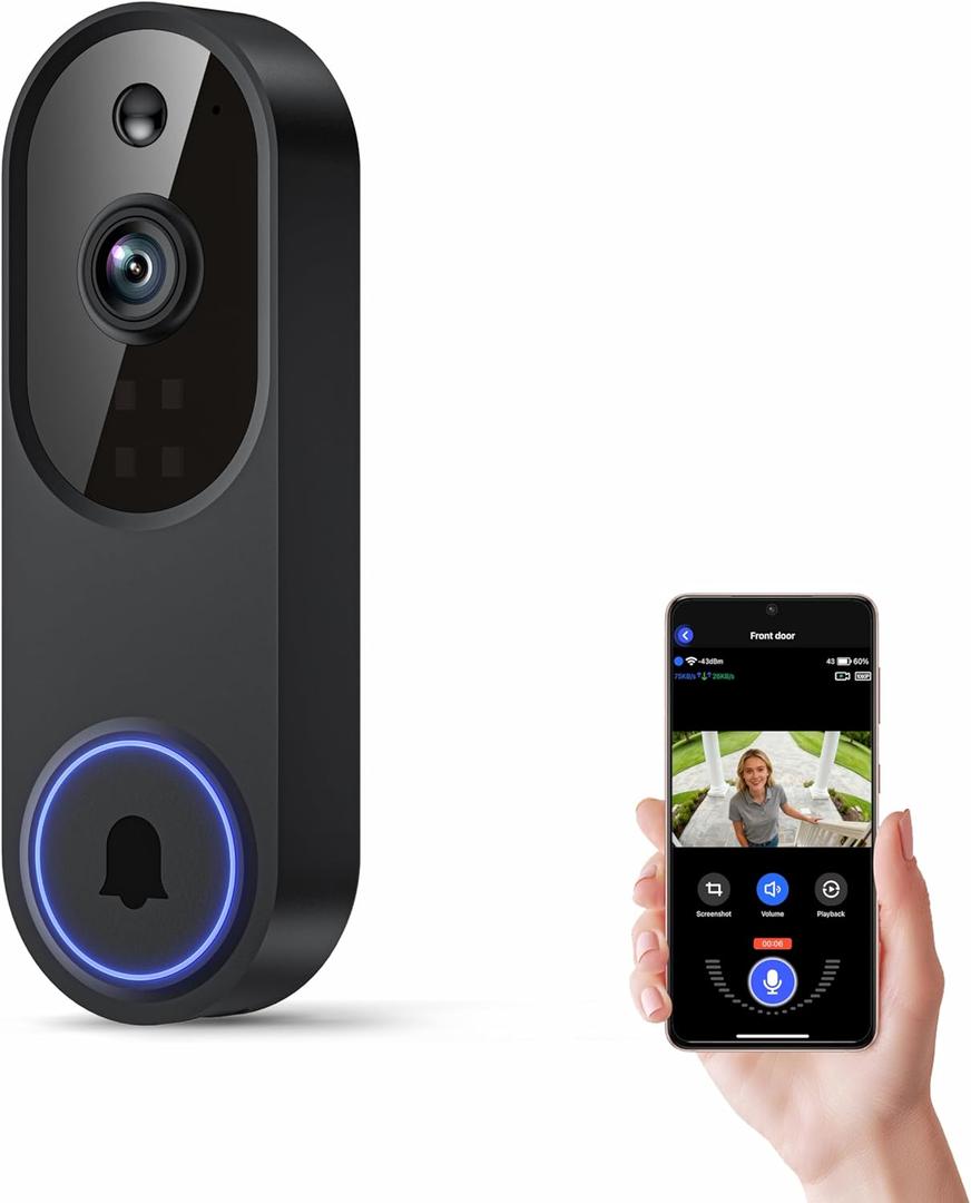 Orbitell Wireless Wi-Fi Video Doorbell Camera with Two Way Audio, AI Motion Detection, Night Vision and Cloud Storage, 2.4G Wi-Fi only, Indoor/Outdoor, IP65 Weather Resistant (Black-NoChime)