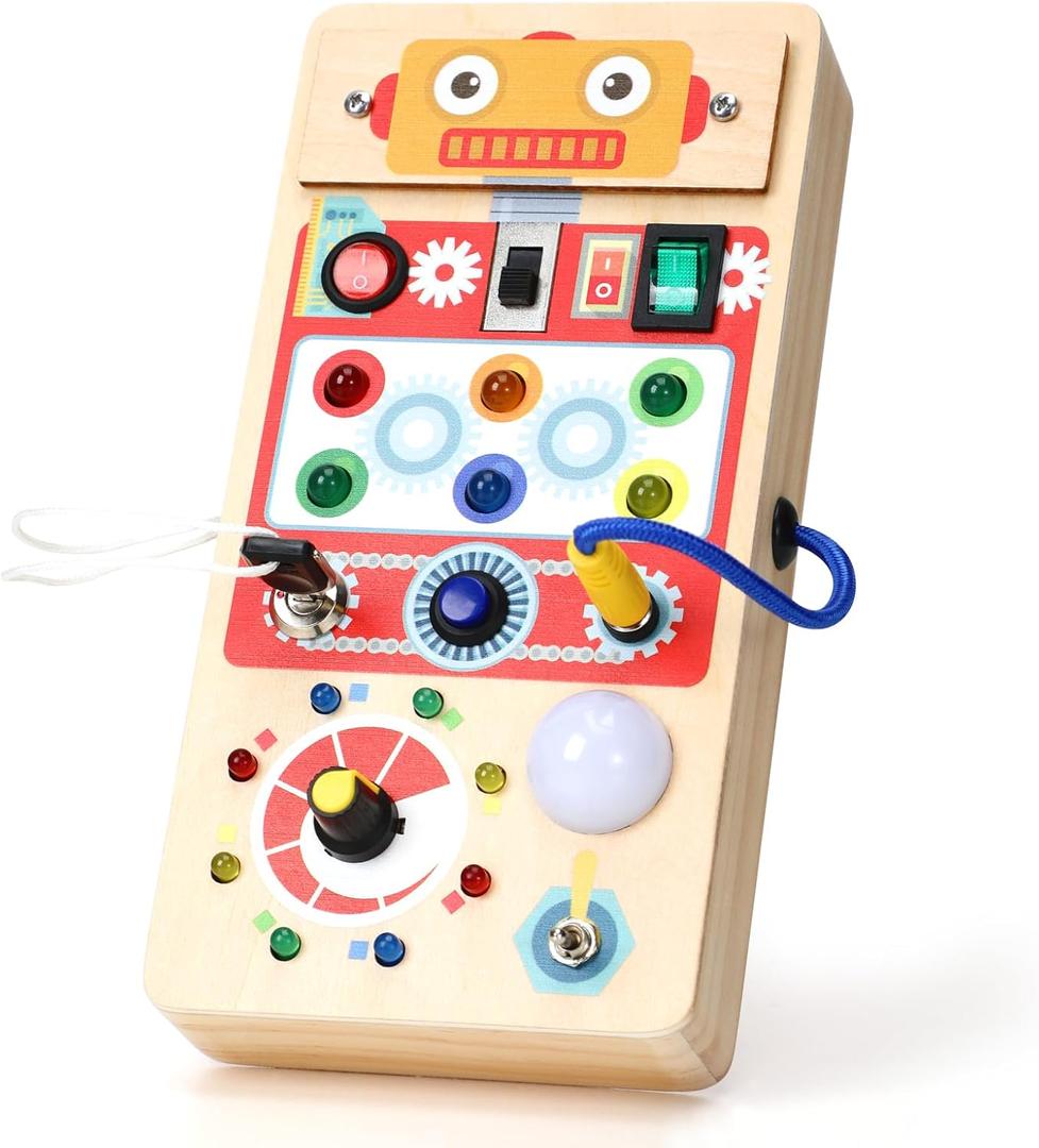 Upltowtme Montessori Busy Board for Toddlers LED Wooden Sensory Toy with 8 Switch Light Early Activity Motor Skills Educational Toy for 3+ Year Old Boys Girls Orange Robot Chirstmas Gift for Kid
