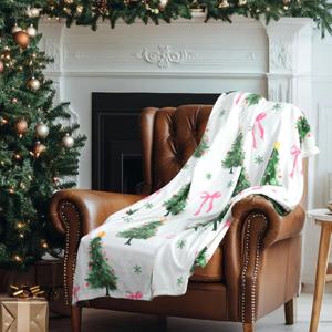 Pink Bow Christmas Tree Flannel Throw Blanket Pastel Soft Fuzzy Plush Cozy Fleece Blanket 50 x 60 Inch Coquette Bows Xmas Tree Gifts for Women Girls Sofa Couch Travel Bed Home Decoration