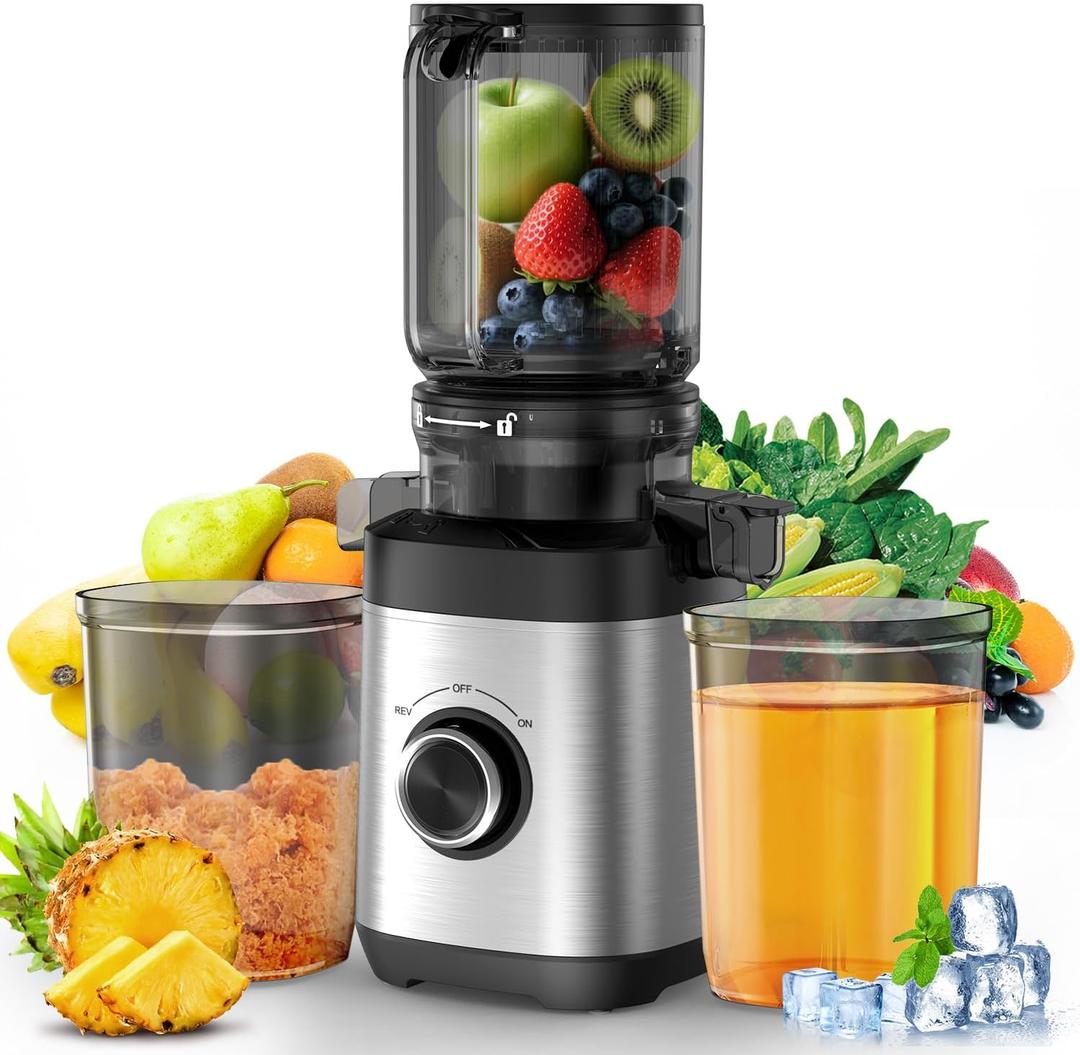 Juicer Machines, 100 Watts Cold Press Juicer with Wide Chute, Slow Masticating Juicers, High Juice Yield for Leafy Greens, Fruits & Vegetables, Easy to Clean (Stainless Steel)