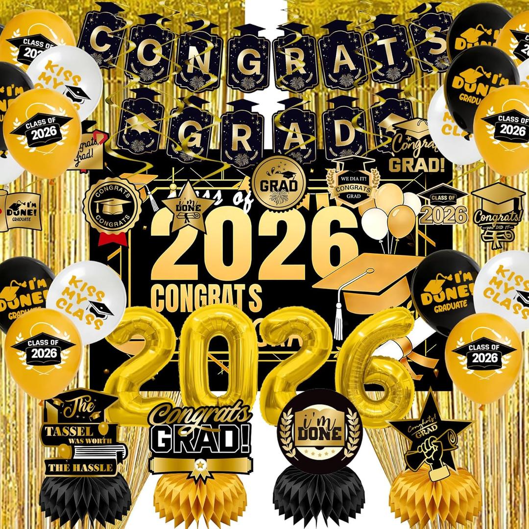 Graduation Party Decorations 2026Black Gold Grad Banner, Class of Backdrop, Balloons, Fringe Curtains and Foil Balloon, Streamers KitComplete Graduation for High School & College Celebrations (Gold)