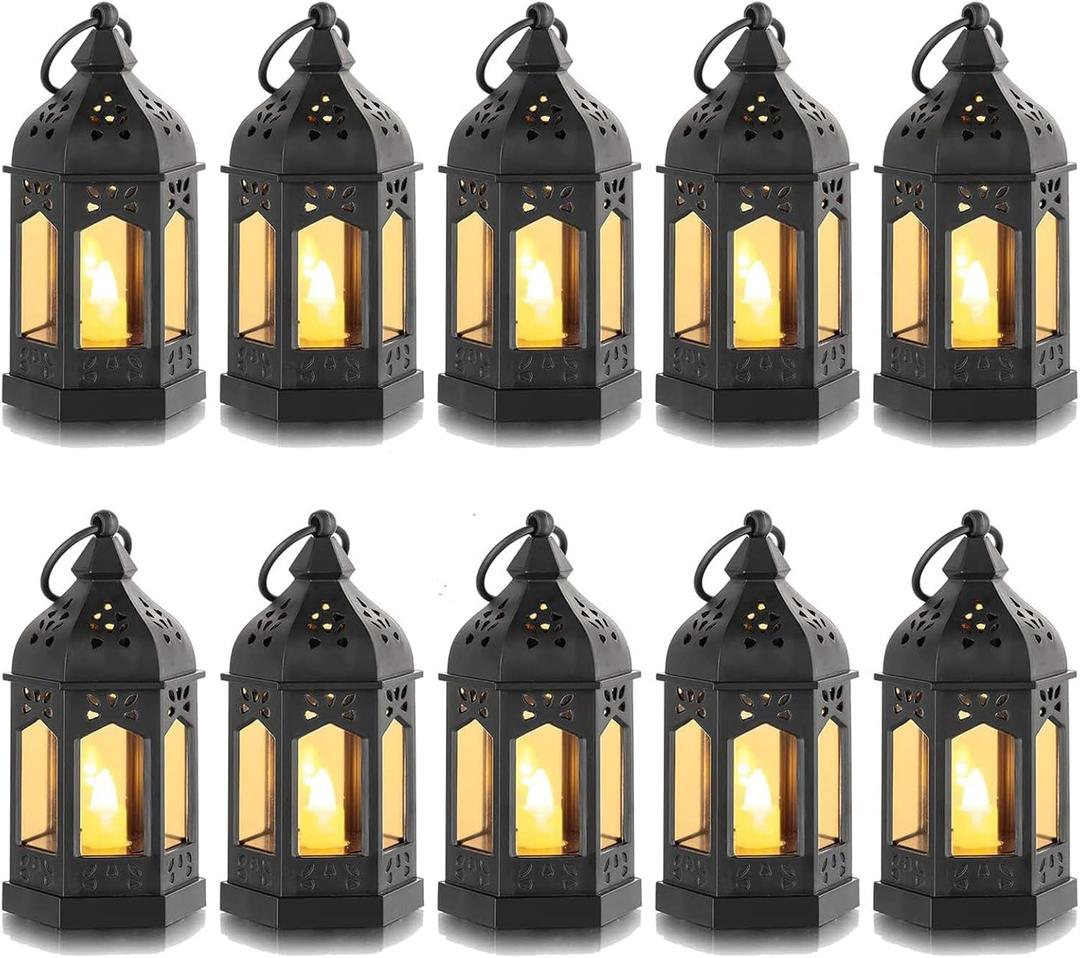 Mini Lantern with Flickering LED Candles Set of 10, Hewory Black Vintage Decorative Hanging Candle Lanterns for Halloween, Christmas, Wedding Decorations, Party, Table Centerpiece, Battery Included