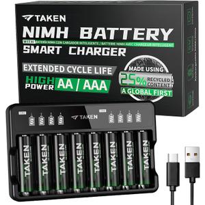 Taken Rechargeable AA Batteries with Charger, 8-Pack 3100mWh Double A Batteries Made with 25% Recycled Materials with 8 Bay Smart Battery Charger for Fast Charging of AA & AAA Batteries