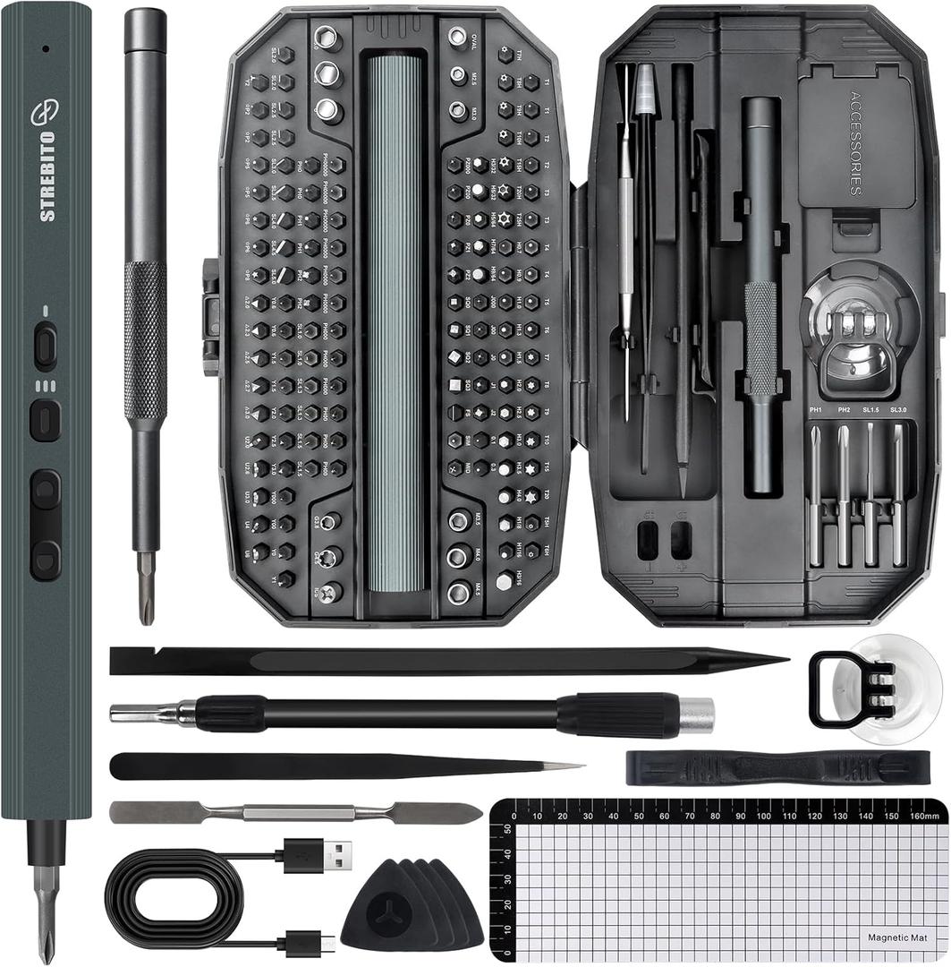 STREBITO Electric Screwdriver 155 in 1 Mini Electric Screwdriver Set, Max 5 N.m, 140 S2 Magnetic Bits, 3 Torque Settings, 650mAh Power Screwdriver Cordless Rechargeable, Repair Tool Kit for PC Phone (Black)