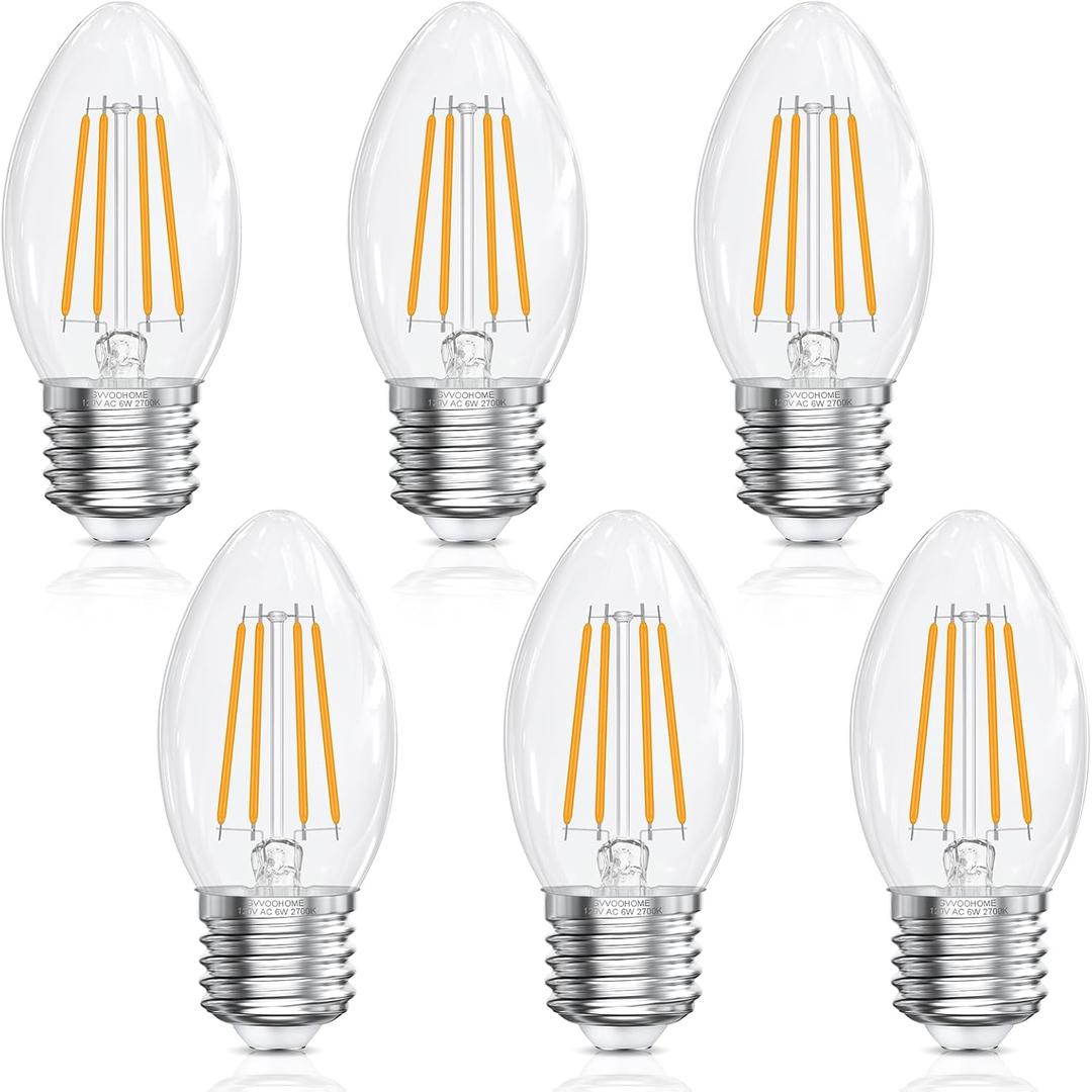 LED Candelabra Bulbs B10, E26 Base, 2700K Soft White, 6W, 60 watt Equivalent, 600LM, Clear Glass Candle Shape Bulbs for Chandelier Light Fixture, Non-Dimmable, 6 Pack