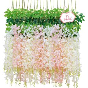 12Pcs Artificial Wisteria Hanging Flowers, 3.6Ft/Pcs White & Pink Fake Wisteria Garland for Wedding Party Home Garden Indoor Outdoor Decoration