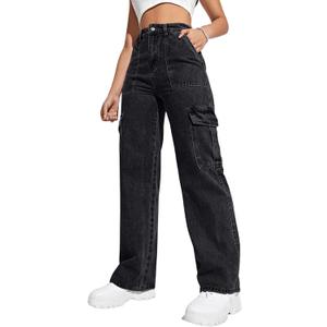 SweatyRocks Women's High Waist Cargo Jeans Flap Pocket Wide Leg Denim Pants (Extra Large, Pure Black)
