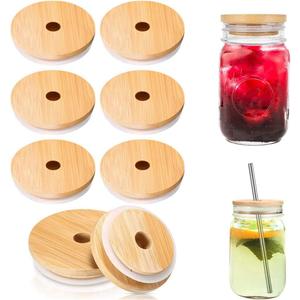 8 Pack Mason Bamboo Jar Lids with Straw Hole Reusable Bamboo Canning Jar Lids for Regular Mouth Mason Jar (70mm with Hole)