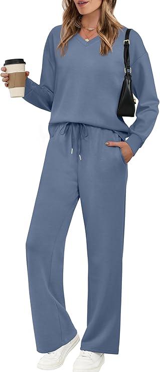 WIHOLL Lounge Sets for Women 2025 V Neck 2 Piece Outfits Airport Wide Leg Pants Matching Set Sweatsuits (Medium, Dusty Blue)