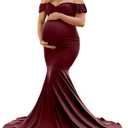 Saslax Off Shoulder Ruffle Sleeves Elegant Fitted Maxi Maternity Dress for Photoshoot Baby Shower, Medium