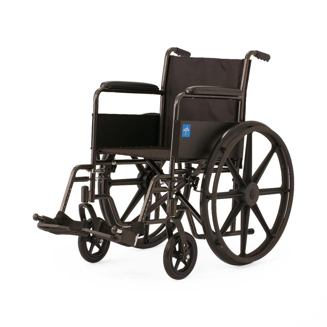 Medline Guardian K1 Basic Wheelchair with Full-Length Permanent arms and Swing-Away Leg Rests, 18"