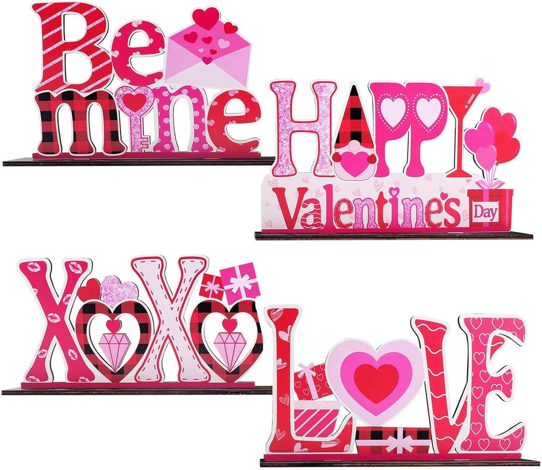 Valentine's Day Decor Love Tabletop Centerpiece Signs, 4Pcs Valentines Day Decor Wooden Table Sign, Romantic Valentine's Day Decorations for the Home Table Decor Valentine's Day Gifts