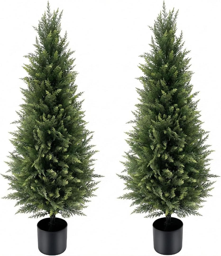 4FT Artificial Cedar Topiary Trees (Set of 2) - UV Resistant Outdoor Indoor Potted Plants, Realistic Faux Cedar Bushes for Porch, Front Door, Patio, Home & Office Decor, No Maintenance