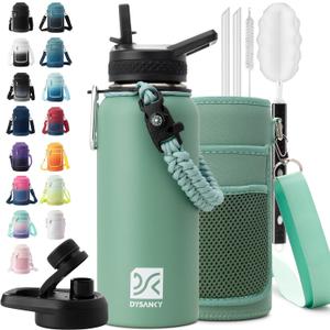 Insulated Water Bottle | Thickened Stainless Steel Vacuum Metal | Portable Sports Water Jug for Gym and Hiking with Straw, Carrier Bag, Handle Strap | BPA-Free 32 oz (Verdant)
