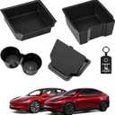 5PCS for 2026 Tesla Model Y Juniper Accessories Front and Rear Center Console Organizer Tray Cup Holder Armrest Hidden Storage Box for 2024-2025 Model 3 Highland and New Model Y (Launch Series)