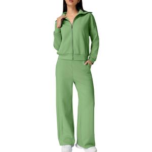 QINSEN Women's Cotton 2 Piece Outfits Lapel Long Sleeve Zip Up Sweatshirt Wide Leg Pants Matching Tracksuit Sets (Medium, Green)