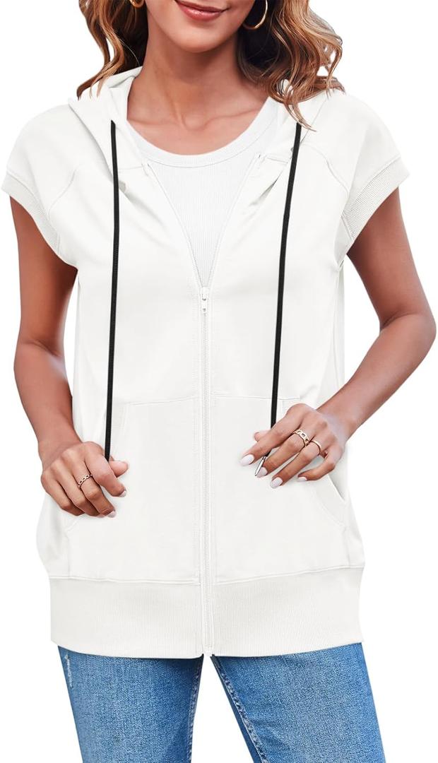 Fisoew Women's Sleeveless Zip Up Hoodies Casual Loose Fit Drawstring Sweatshirts Lightweight Jackets Vest with Pockets (XX-Large, White)
