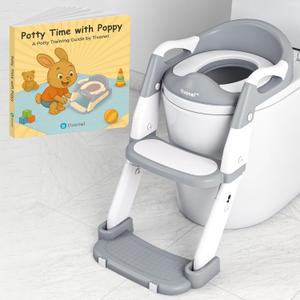 3-in-1 Toddler Potty Training Toilet Seat with Ladder | Foldable Toilet Potty Training Seat with Step Stool Ladder | 5-Level Adjustable Height | Soft Cushion, Splash Guard & Anti Slip Pad (Gray)