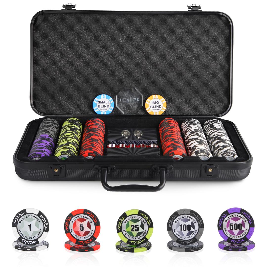 ORIENGEAR Poker Chip Set with Denominations, 300 PCS 14 Gram Clay Composite Casino Chips with ABS Case & 2 Decks of Plastic Cards, for Texas Holdem Blackjack Gambling Games