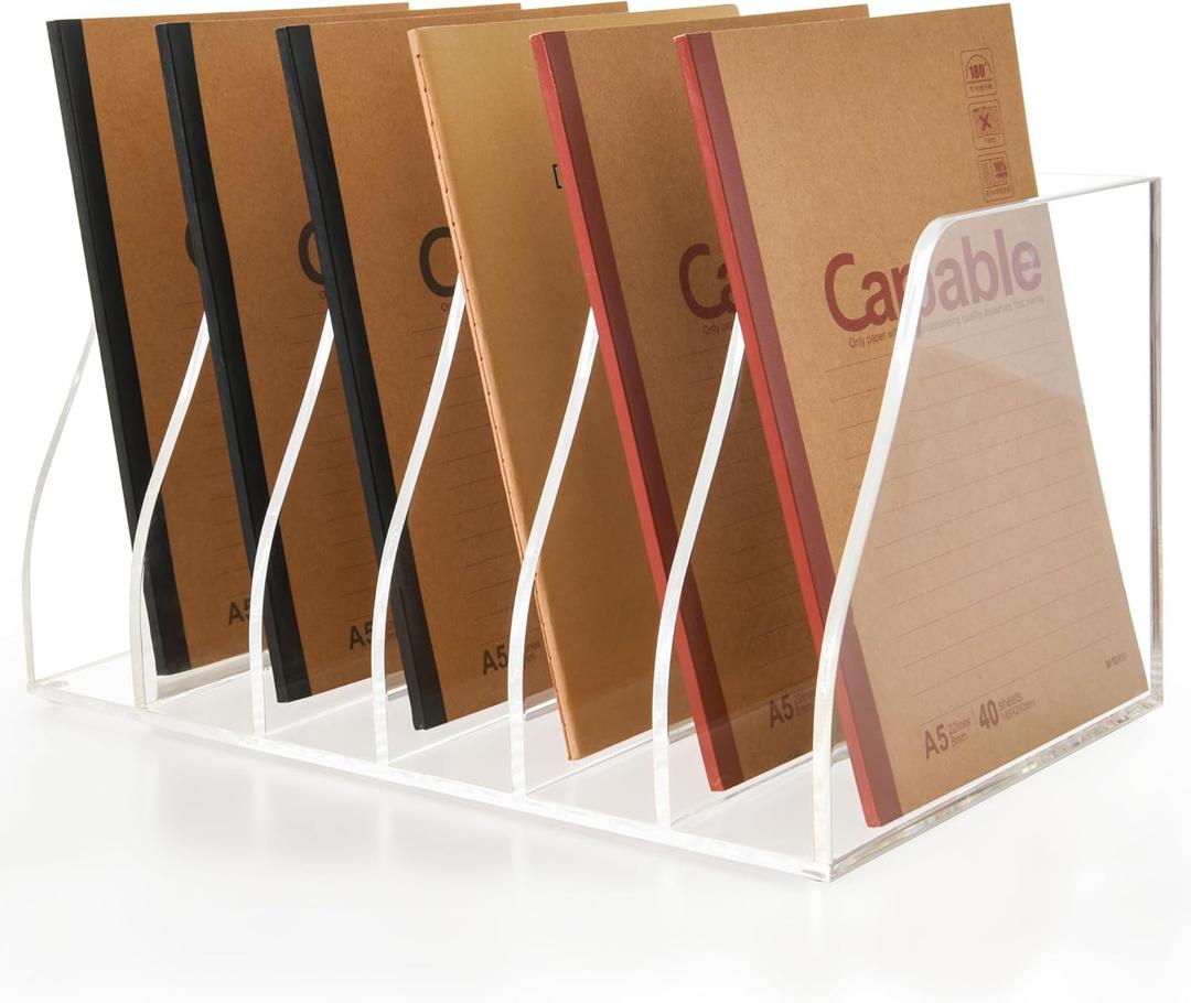 Acrylic Magazine File Holder, 6 Vertical Compartments Desk Document Sorter Organizer, Clear Folder Rack Binder for Office/Home/Classroom, for Documents, Tablet, Magazines, Books & Accessories (B5, 6 Sections)