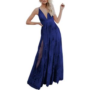 Dokotoo Womens Formal Dresses Deep V-Neck Embroidered Lace Mesh Evening Party Prom Dress Long Wedding Dress (Small, Blue)