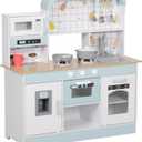 Qaba Play Kitchen, Kids Kitchen Playset Pretend Play Cooking with Coffee Machine, Ice Maker, Stove, Microwave, Oven, Realistic Sound & Lights, Cookware Accessories, Gift for Ages 3+ Years Old