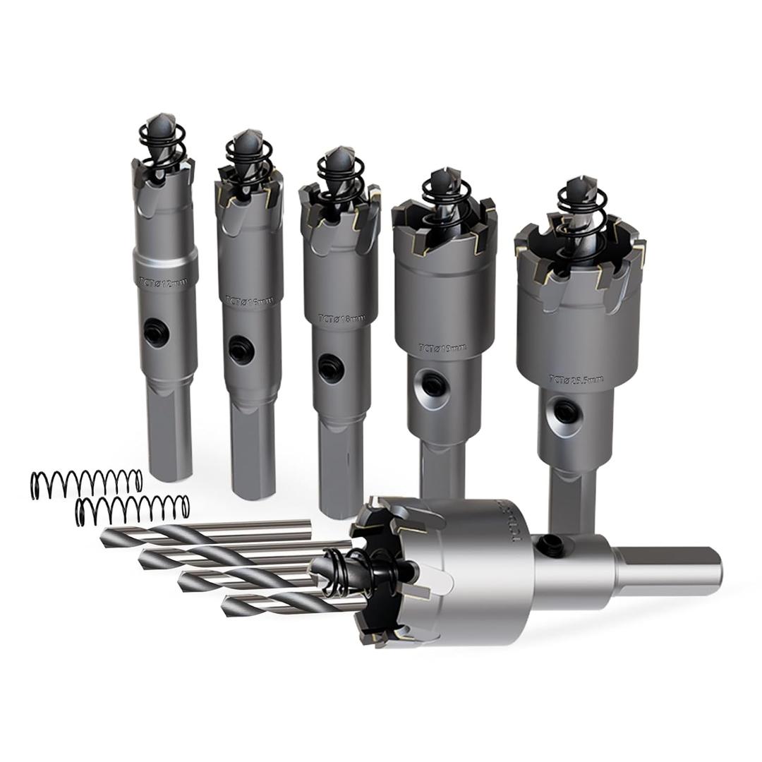 GSTK 10PCS Upgrade Heavy Duty Carbide Hole Saw Kit,with 4*Extra Titanium Plated Pilot Center Drill and 2* Springfor Hard Metal, Stainless Steel, Iron (6pcs)