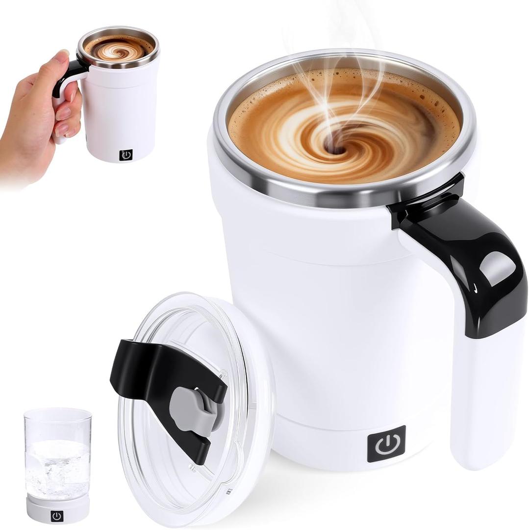 Automatic Magnetic Stirring Coffee Mug with Temperature Display, Rechargeable Self Stirring Mug with Lid, Multifunctional Spin Cup Birthday Gift for Coffee Lovers & Office Use (White)