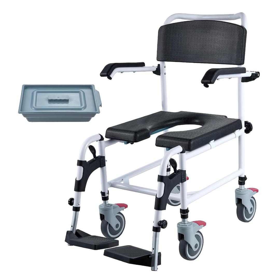 VEVOR Shower Commode Wheelchair with 4 Lockable Wheels, Footrests, Flip-up Arms, 3-Level Adjustable Height, 5L Removable Bucket, 350 LBS Capacity, Commode Chair for Adults Seniors
