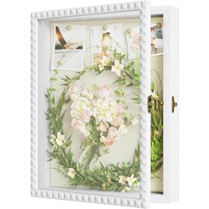 SZQINJI Shadow Box Frame 11x14 Deep Large Shadow Box Display Cases Wood Memory Box with Diamond Shape Door Vintage Lock for Graduation Medals Photos Baby Wedding Flower Pet Memorial Keepsakes White