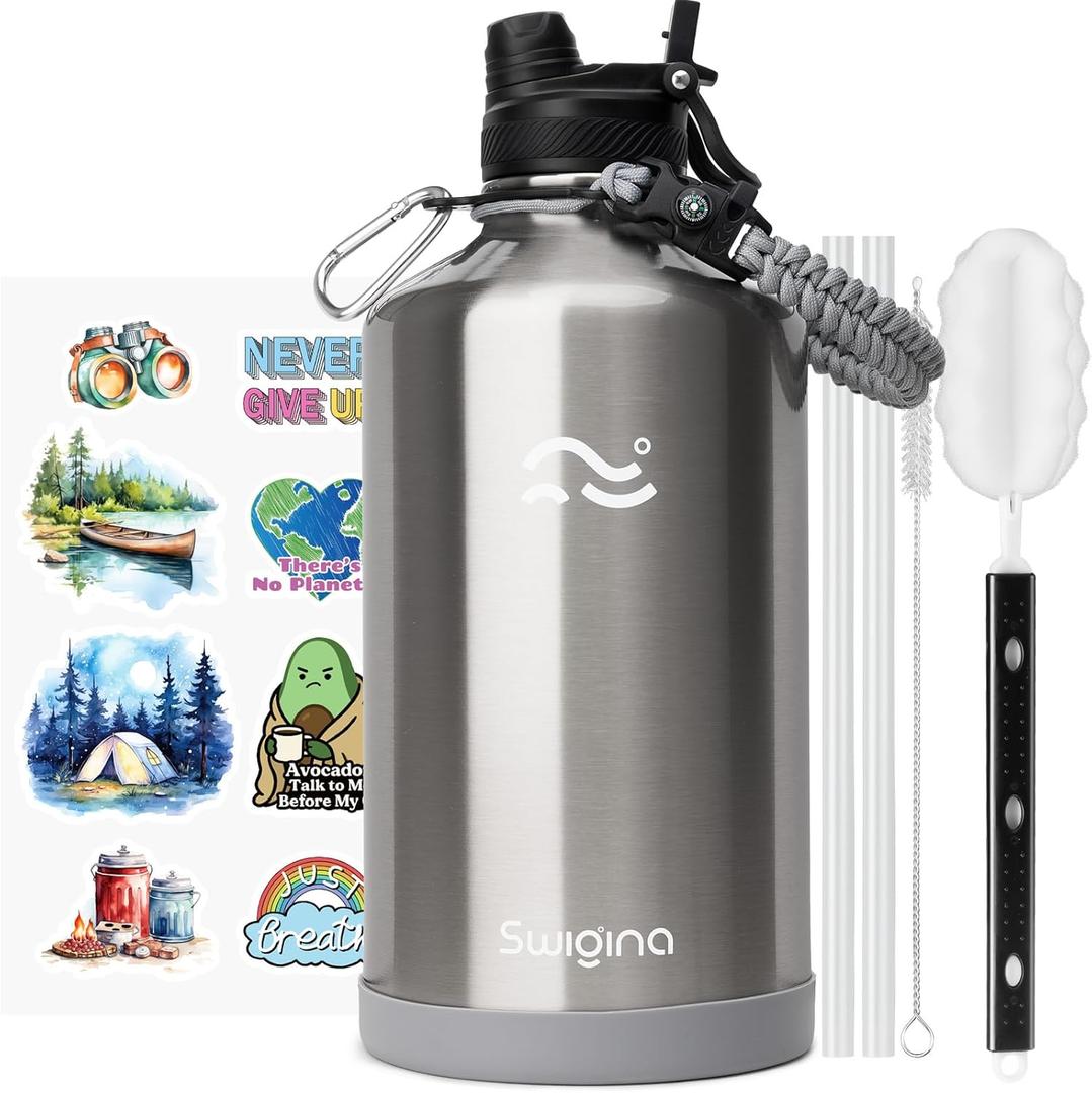 Swigina [2-IN-1 LID] Gallon Insulated Water Bottle with Silicone Boot (48hrs Cold/24hrs Hot) - DIY Stickers, Leakproof, BPA Free, 128 oz (Stainless Steel)
