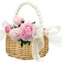 Flower Girl Basket - Woven Rattan Wedding Basket with Pearl Handle & Lace Bow, Rustic Elegant Flower Holder for Wedding Party, Garden Decor, Home Decoration