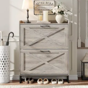 Maupvit Shoe Cabinet with 2 Flip Drawers, Freestanding Shoe Cabinet Organizer with Metal Legs, Shoes Storage Cabinet for Entryway, Narrow Shoe Rack Cabinet, Washed Gray