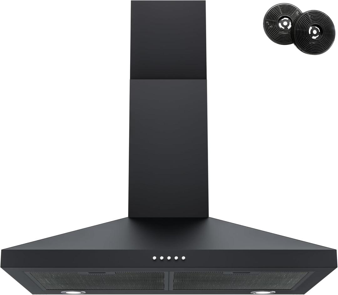 FIREGAS Black Range Hood 30 Inch, Wall Mount Kitchen Hood Ducted/Ductless Convertible, 450 CFM, 3-Speed Exhaust Fan, Stainless Steel Stove Vent for Kitchen with LED Lights, Charcoal Filters (Black)