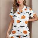 VILOVE Halloween Pajamas Women Silk Satin Halloween Pjs Set Button Down 2 Piece Pajama Shorts Set Casual Notch Collar (XX-Large, White)