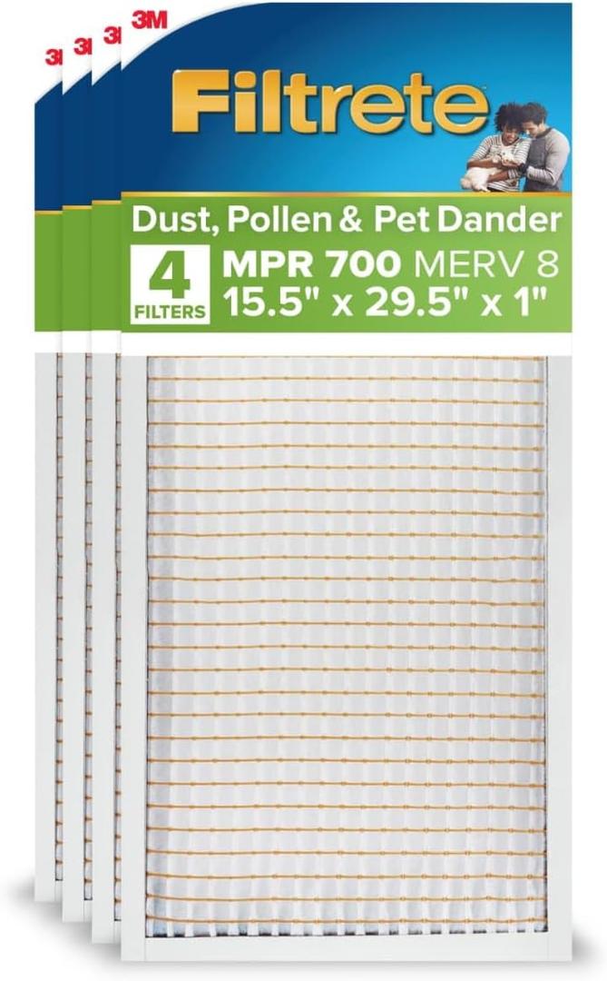 Filtrete 15.5x29.5x1 AC Furnace Air Filter, MERV 8, MPR 700, Tough on Pollen, Easy on Airflow, 3-Month Pleated 1-Inch Electrostatic Air Cleaning Filter, 4-Pack (Actual Size 15.19 x 29.19 x 0.81 in)