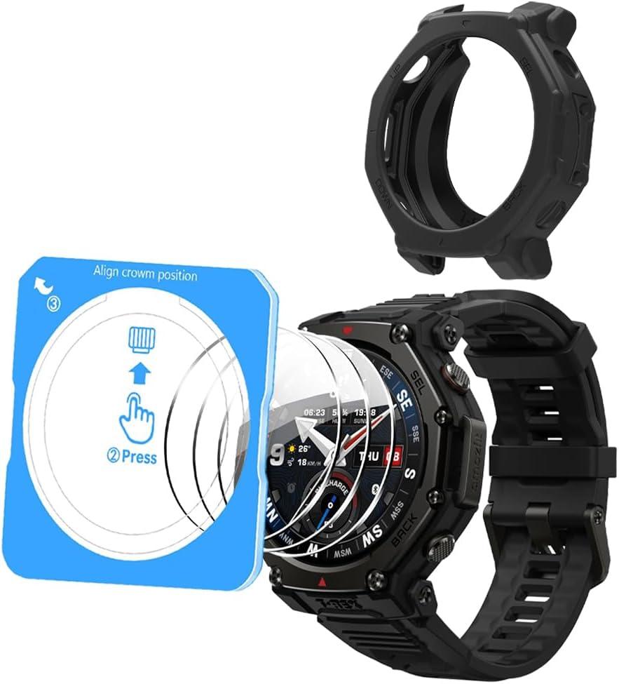 Watch Screen Protector for Amazfit T-Rex 3 Pro 48mm，with Auto-alignment Installation Frame, Tempered Glass Film Anti-Scratch High Definition Full Coverage and Silicone Case Cover (black)