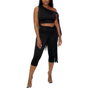 knowfashionstyle 2 Piece Sets For Women Going Out Summer Sexy Outfits Off Shoulder Tops Capri Pants Sets Bodycon Clubwear Suit Black Large