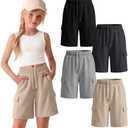 4 Pack Girls Cargo Bermuda Shorts | Teen, Back to School, Knee Length, 4 Pockets, Athletic Shorts, Summer Pants, Sports Meet, 11-12Y, Khaki, Light Heather Gray, Dark Heather Gray, Black