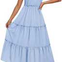 ZESICA Women's 2025 Summer Boho Casual V Neck Sleeveless Midi Dresses Tie Shoulder Flowy Tiered A Line Beach Long Sundress (Medium, Blue)