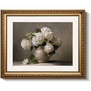 Bzstyleart Gold Framed Vintage Wall Art for Living Room, Hydrangea Flower Pictures Wall Decor Painting, Framed Floral Canvas Prints Artwork for Bedroom Kitchen Shelf Decor, 16L x 13W