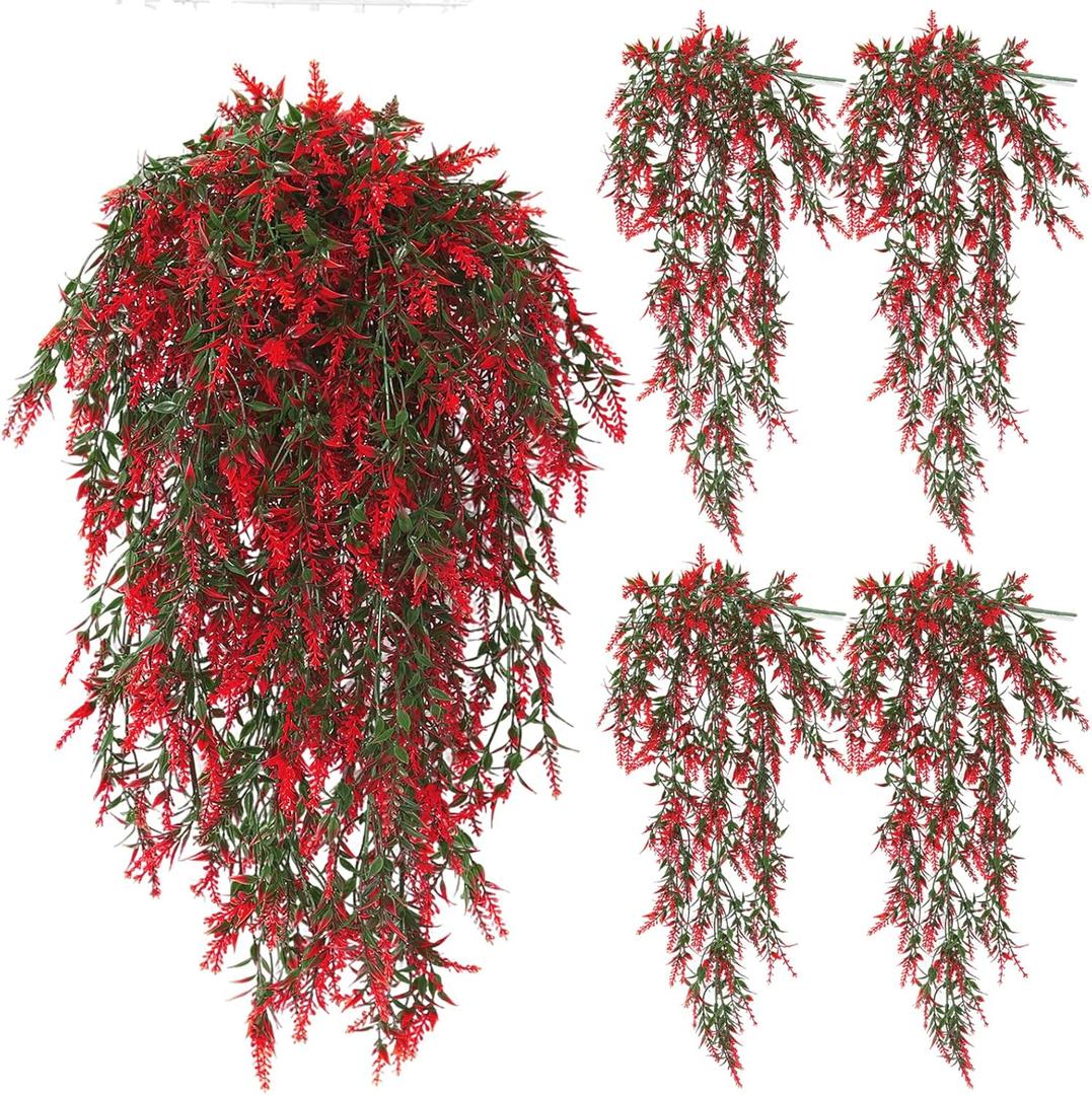 SJL Hanging Artificial Lavender Plants 4pcs Fake Plant Hanging Greenery Faux Ivy Vines Plant Plastic Long Stem Artificial Plant Wall Decoration for Door Wedding Party Shelf Office (Red)