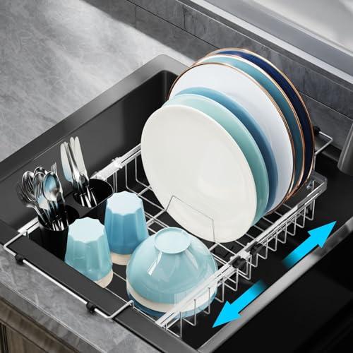 GSlife Expandable in Sink Dish Drying Rack - Capacity Adjustable Stainless Steel Over The Sink Dish Drainer with Lock Knob and Utensil Holder for Kitchen Sink, 10.8"~17.9" L x 12.7" W, Silver