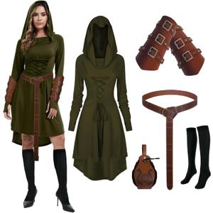 Women's Renaissance Costumes Medieval Vintage Hooded Dress, Gothic Costume Fancy Dress for Halloween, Carnival (Medium, Green)