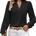 Womens Tops Dressy Casual Sheer Long Sleeve V Neck Shirts Loose Flowy Chiffon Business Work Blouses (Black, XXL)