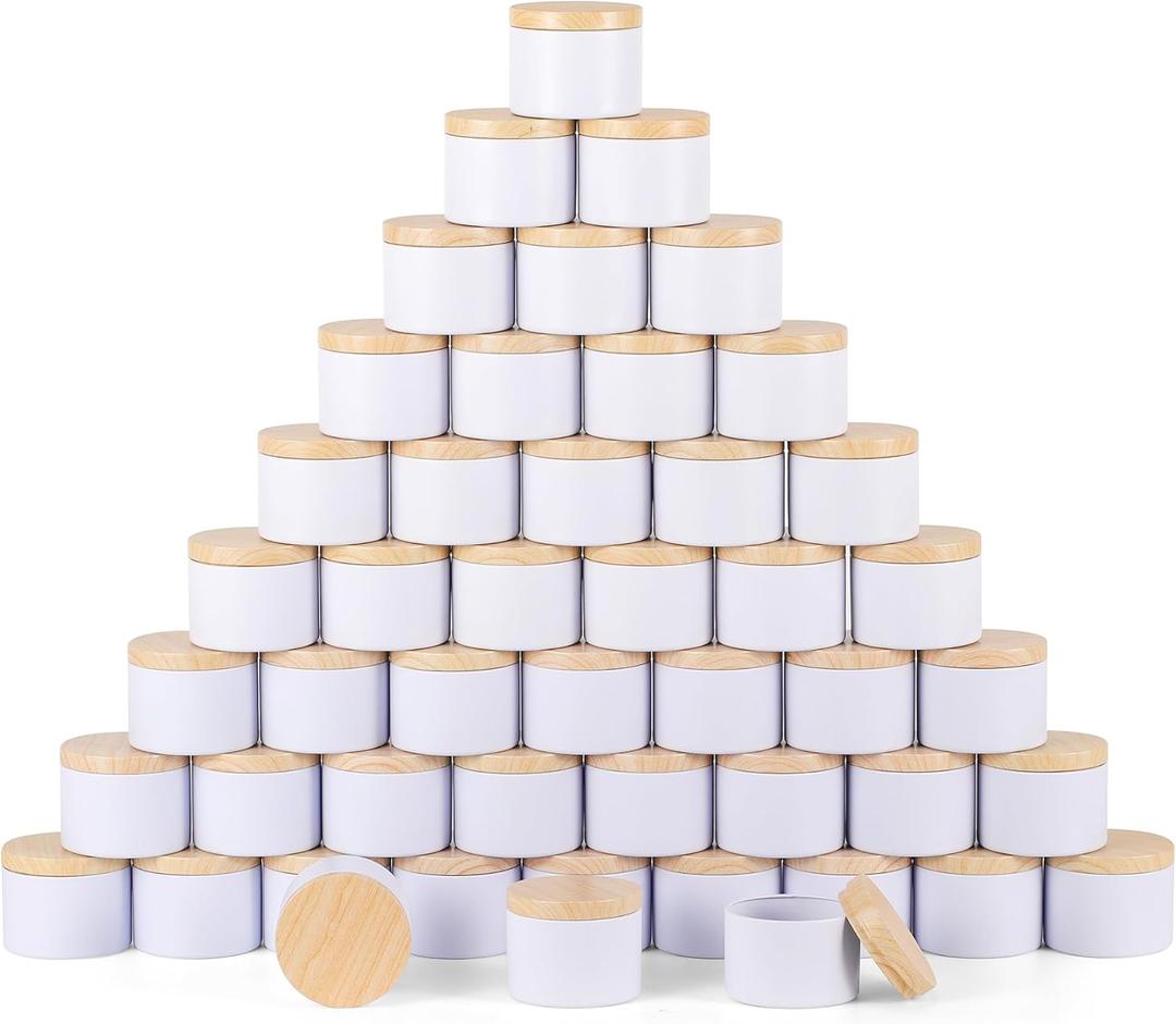 BOTINXIS 48 Pcs 4oz Matte White Candle Tins - Bulk Empty Candle Jars with Wood Grain Lids, Candle Making Kit for Adults