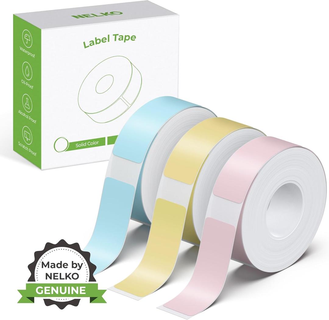 NELKO Genuine P21 Label Maker Tape, Adapted Label Print Paper, 14x40mm (0.55"x1.57"), Standard Laminated Office Labeling Tape Replacement, Multipurpose of P21, 180 Tapes/Roll, 3-Roll, Blue/Yellow/Pink
