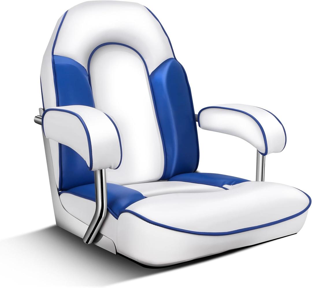 Boat Seat, Premium Captain's Fishing Chair, High Back with Armrests Seat Waterproof and Sunproof (White + Blue)